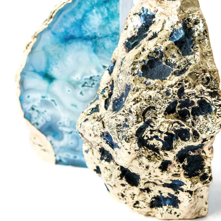 Blue Agate Bookend Unique Decorative Object with Gold Plate