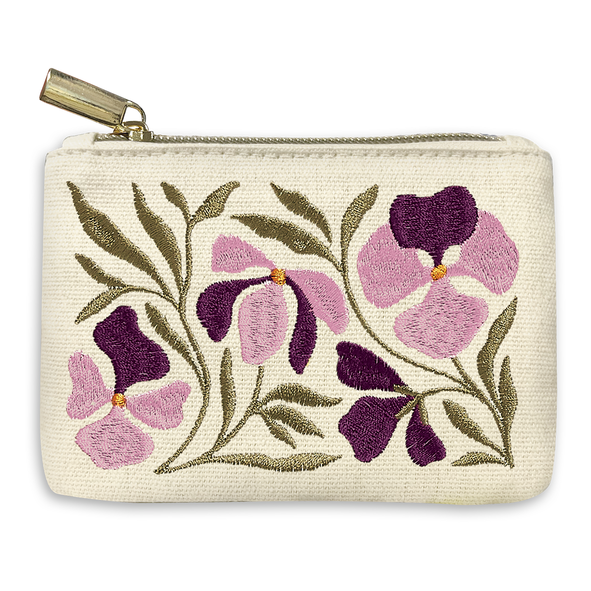 Embroidered Flower Cotton Pouch: Pansy