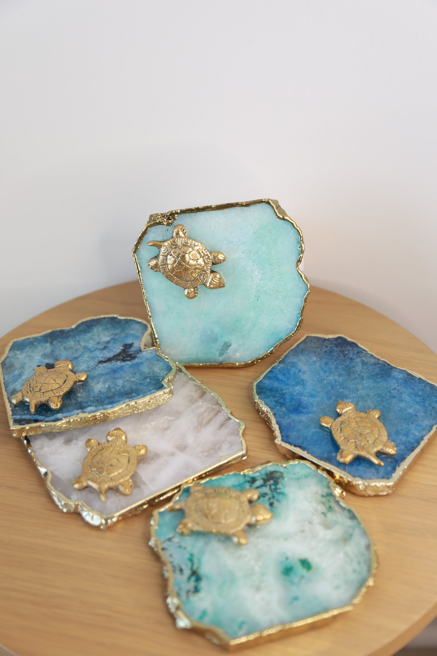 Agate Coasters With Gold Turtle Statue