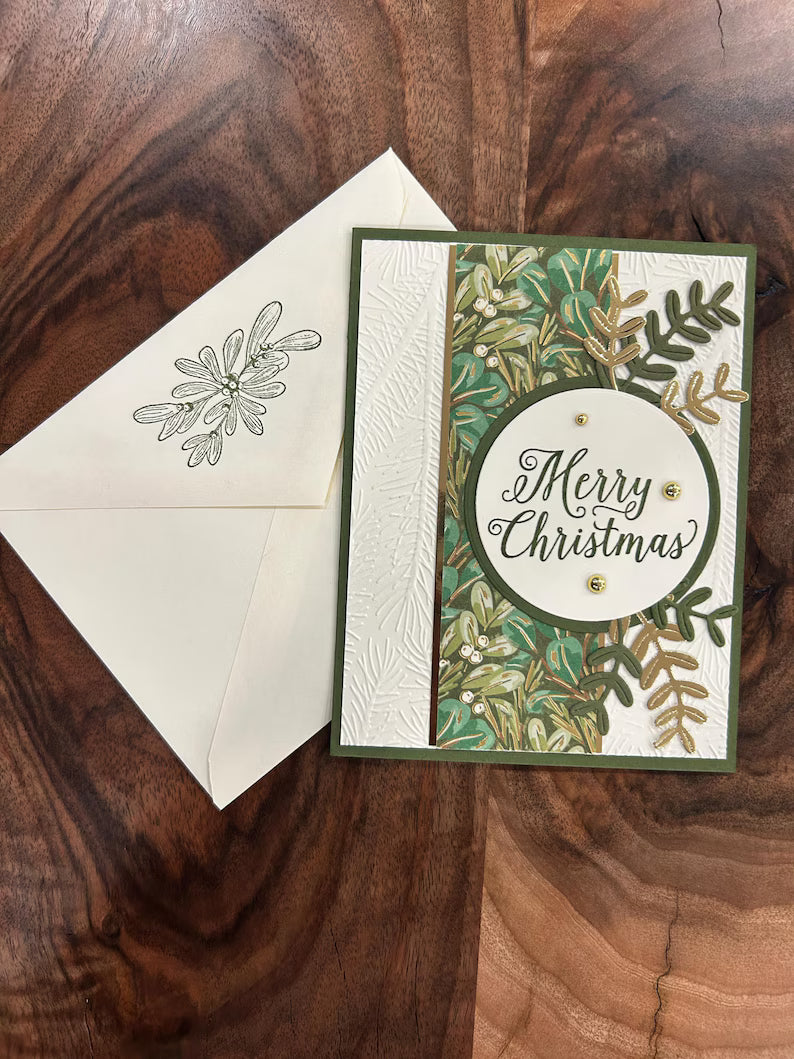 Merry Christmas Card Green and Gold with Gold Gem Accents