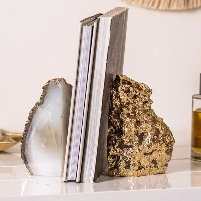 White Agate Bookends Unique Decorative Object with Gold Plate