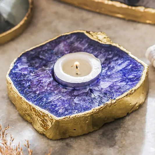 Amethyst Agate Candle Tea Light Holder with Gold Edges