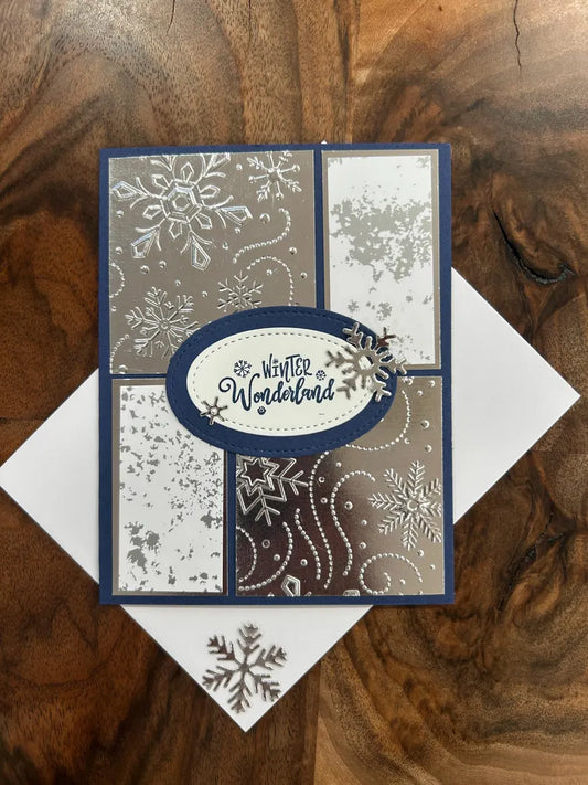 Winter Wonderland Holiday Card Embossed Snowflake Theme Blue and Silver