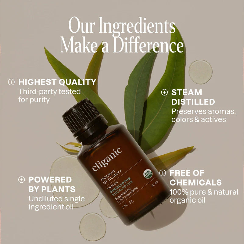 Cliganic Eucalyptus essential oil bottle with green leaves and text about product qualities on a beige background. Steam Distilled, High quality, Powered by plants, Free of chemicals, 100% pure and natural organic oil.  